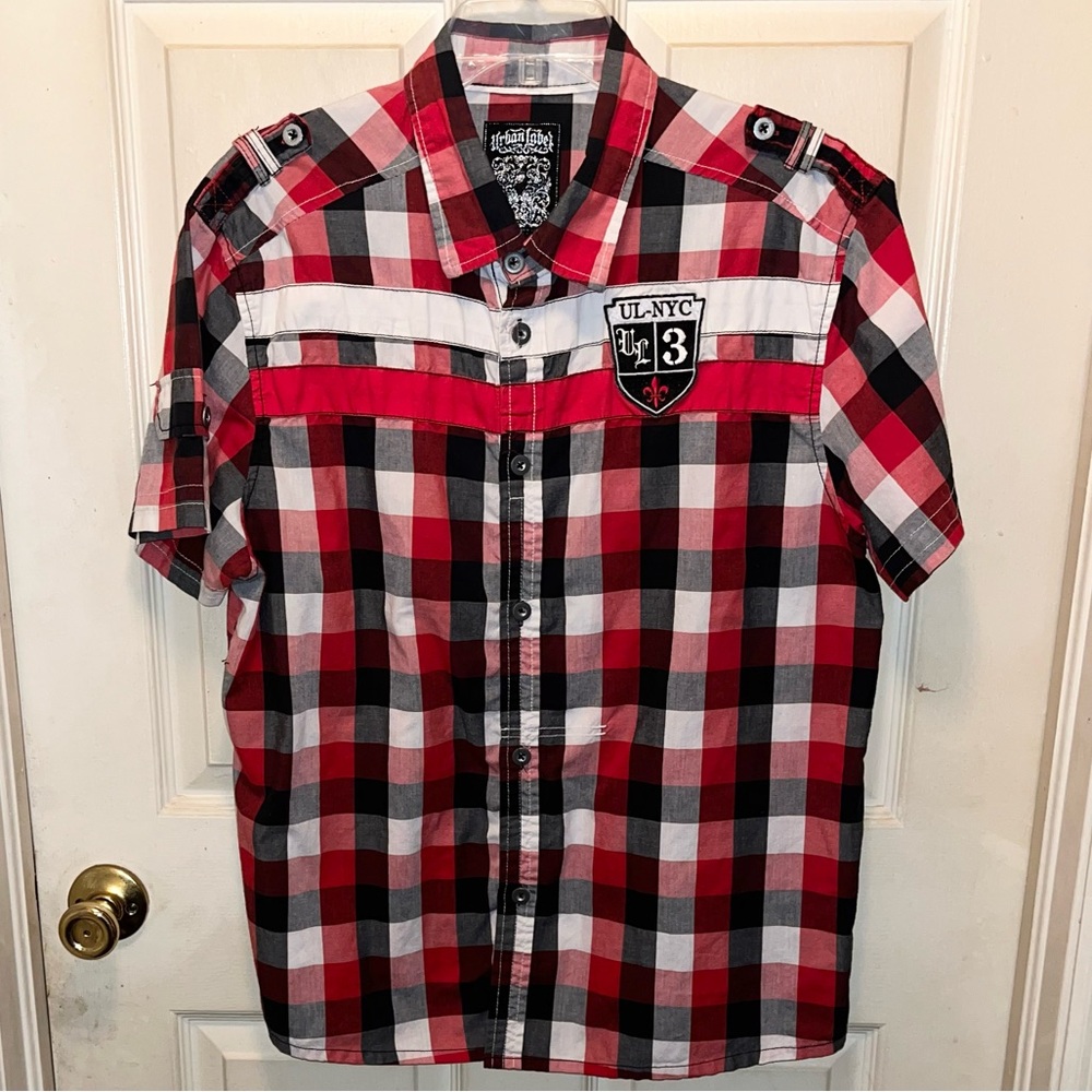 URBAN LABEL Men’s Short Sleeve Button Down Plaid Shirt. Sz XL.